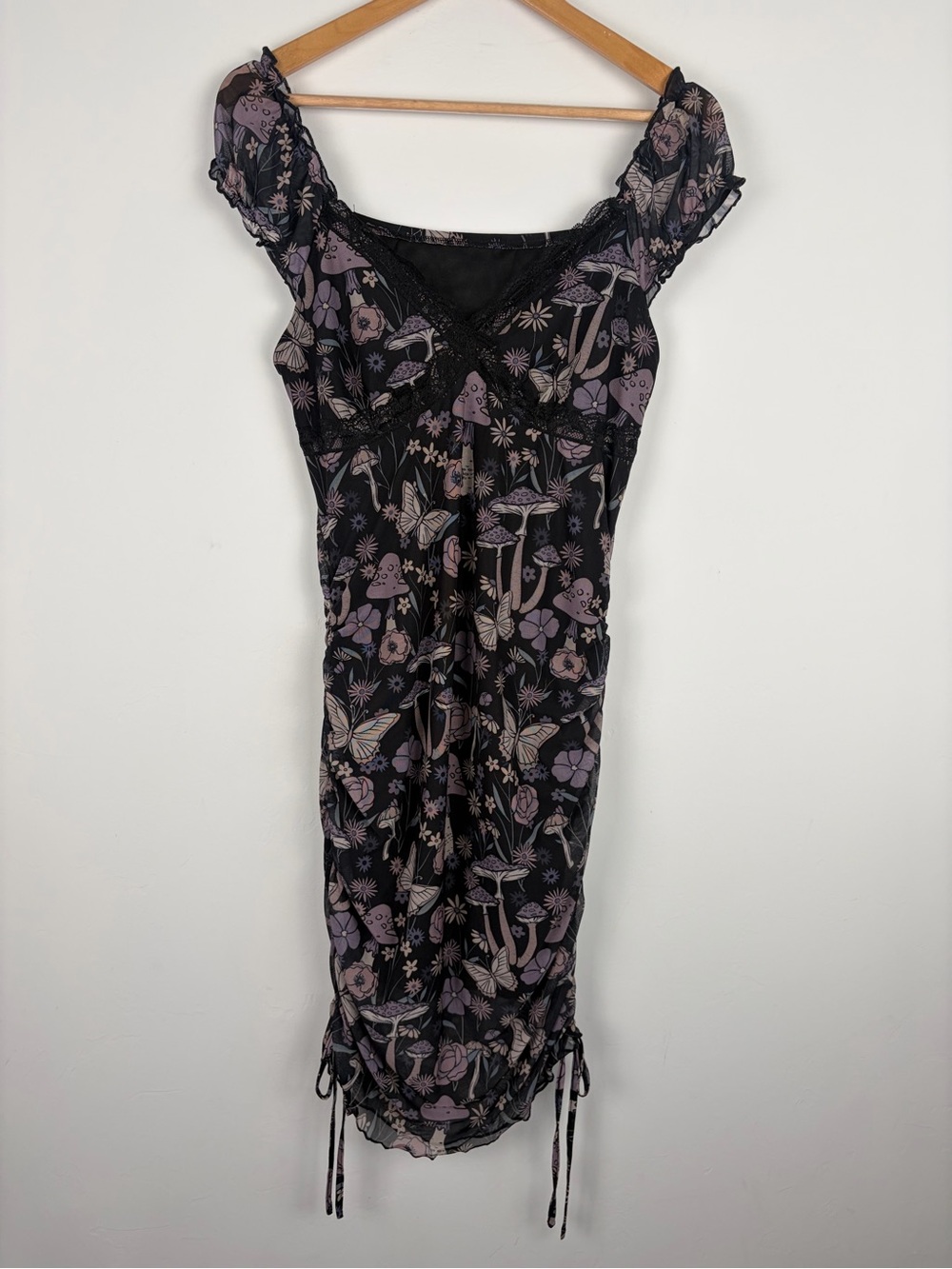 Whimsigoth Butterfly Mushroom Lace Mesh Dress Large